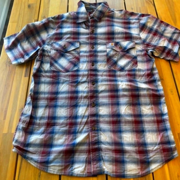 Carhartt Mens Relaxed Fit Red Blue Plaid Casual Button Down Short Sleeve Shirt L - Picture 1 of 4